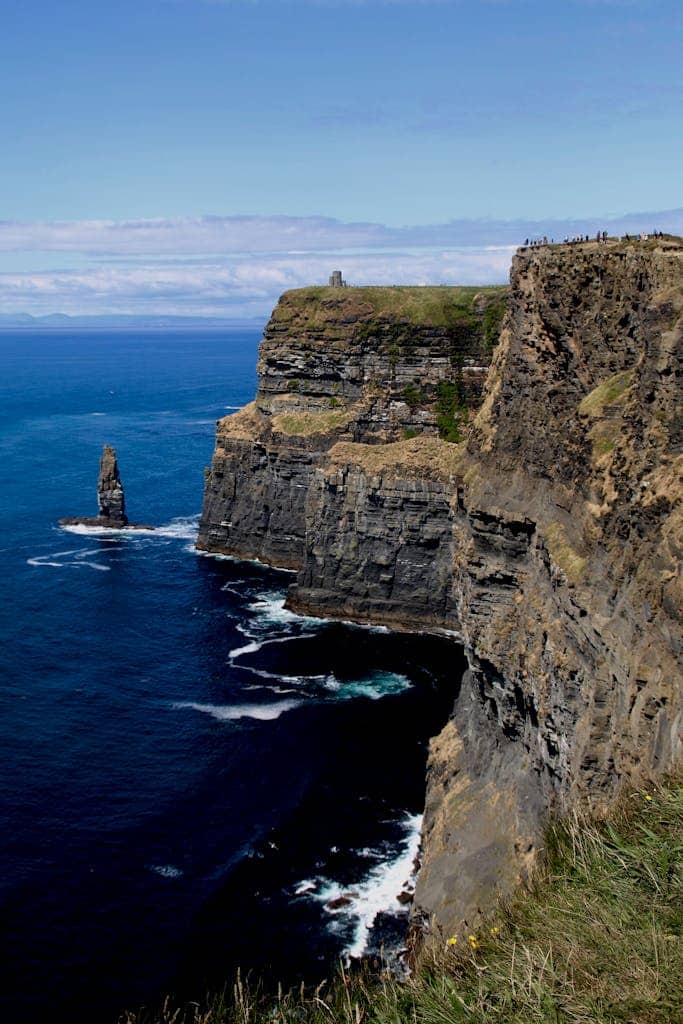Stunning view of Cliffs of Moher, County Clare, Ireland, under clear blue skies.