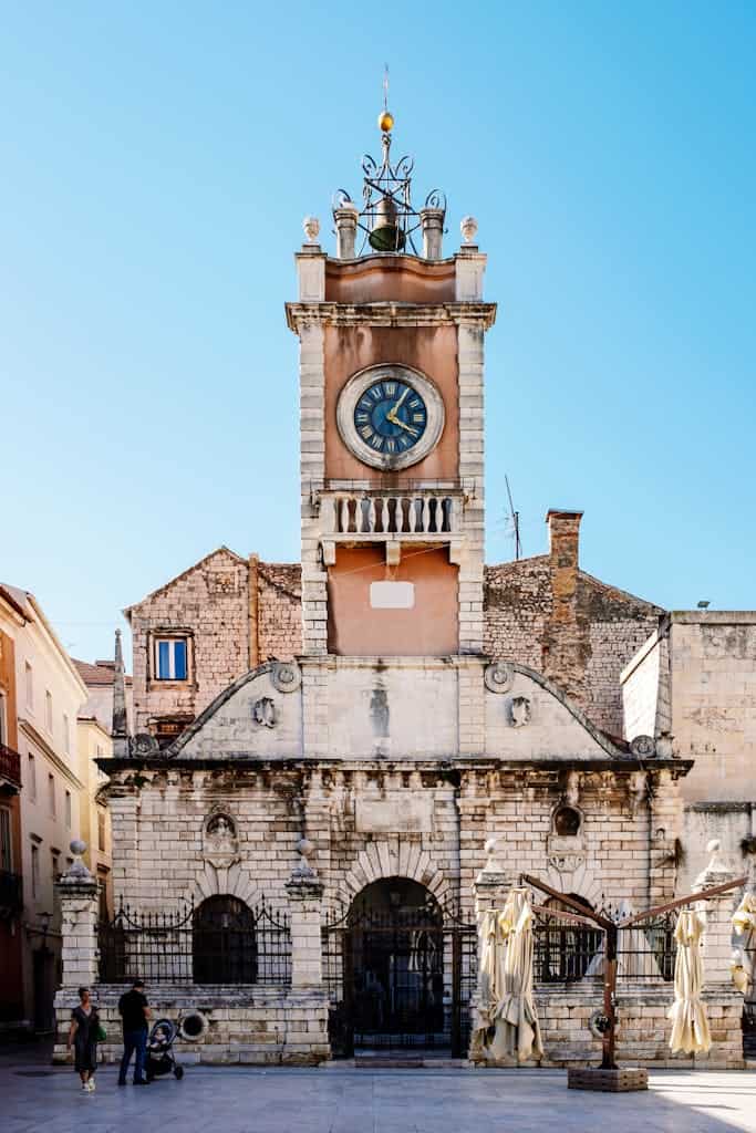 Clock Tower at Narodni Trg, Zadar, showcasing Renaissance architecture.