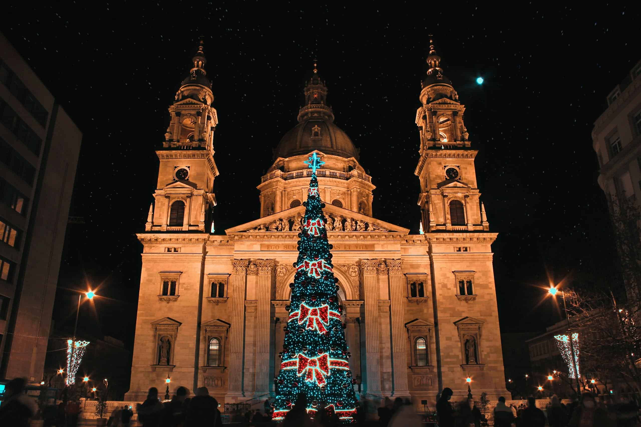 A beautifully lit Christmas tree stands in front of a historic cathedral at night, creating a festive atmosphere.