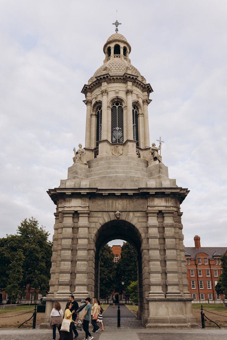 The historic Campanile in Trinity College Dublin, Ireland offers a stunning architectural view.