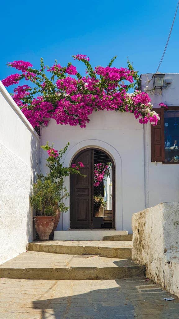 White stucco house with blooming bougainvillea under blue sky in a Greek island.